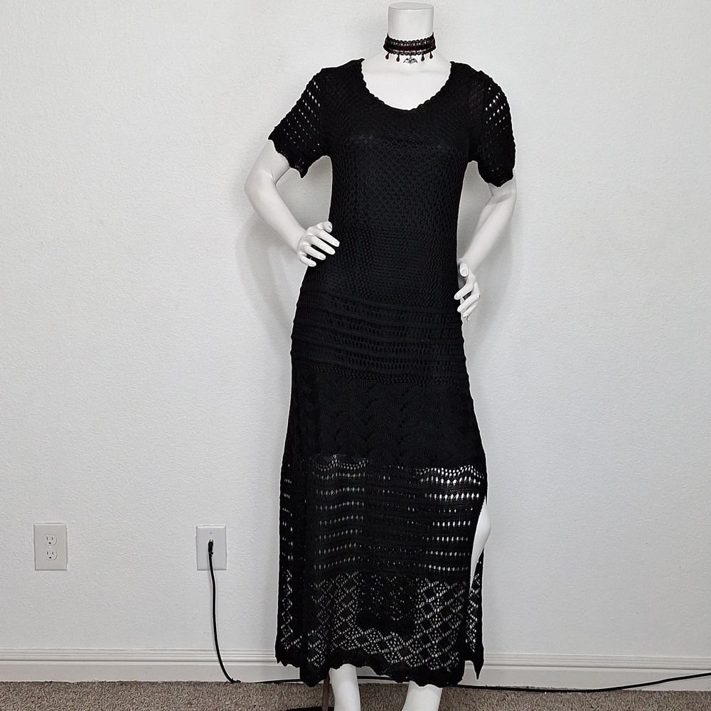 Solitaire "NEW" Black Witchy Romantic Whimsigoth Open Knit Maxi Dress Size XS